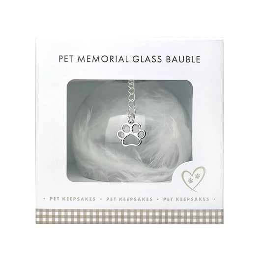 Pet Feather Filled Glass Bauble With Paw Print Charm