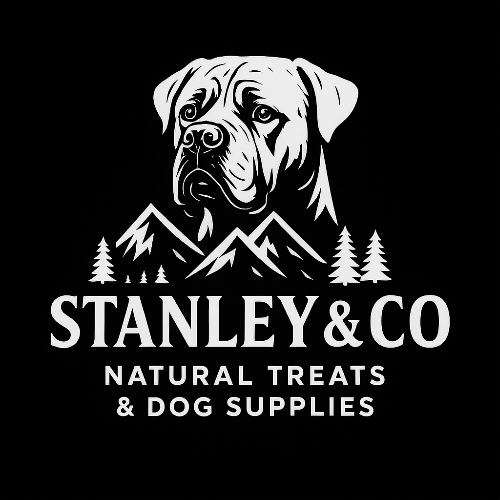 Logo of Stanley & Co with a dog and mountain design on a black background